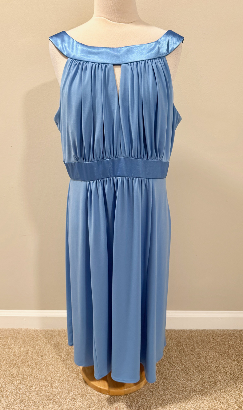 David's Bridal Dress 16 Steel Blue Keyhole Pleated Satin Trim Bridesmaid Midi